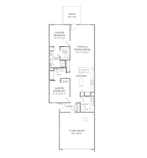 Floor plan for 2 beds, 2 baths, 1233 sqft